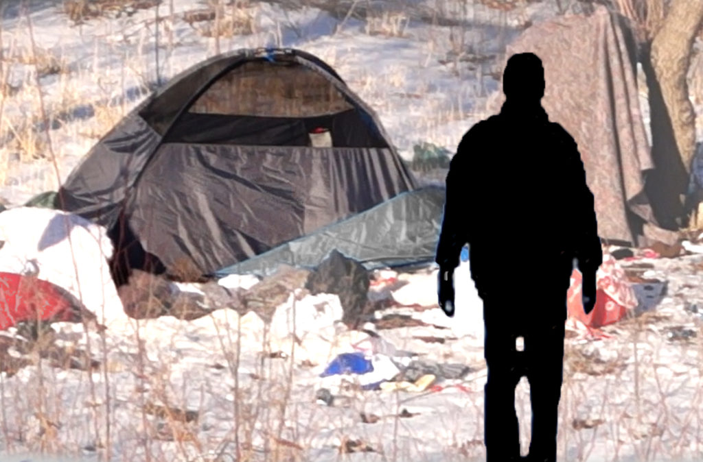 Picture of man's outline and homeless man's tent